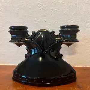 Vintage LE Smith Black Glass Double Candlestick Holder Mt Pleasant Silver floral